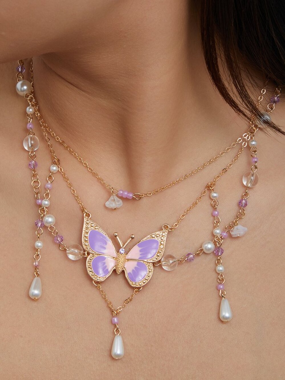 Fairycore Two Tier Butterfly Pendant Necklace Pastel Purple Bead Teardrop Pearl